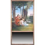 A 19th century over-mantle trumeau and gilt gesso mirror the panel painted with a classical scene of