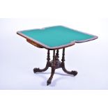A Victorian inlaid and quarter veneered burr walnut card table the rectangular swivel top inlaid