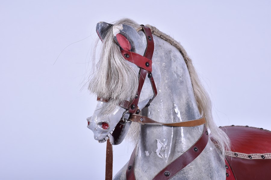 An early 20th century painted rocking horse with padded leather saddle and bridle, on rocker base - Image 3 of 6