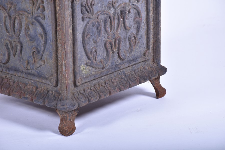 A pair of 20th century cast iron planters of square form with panels of raised foliage motifs and - Image 9 of 12