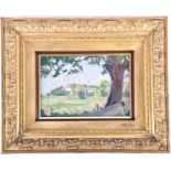 European School, 20th century depicting a pastoral scene with green fields and a tree in the