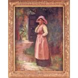 Emily Eyres (1850 - 1910) British 'Shadows' oil on board, depicting a lady dressed in a pink