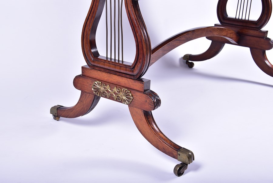 A Regency rosewood and brass mounted lyre end library table in the manner of Gillows, with four - Image 4 of 8