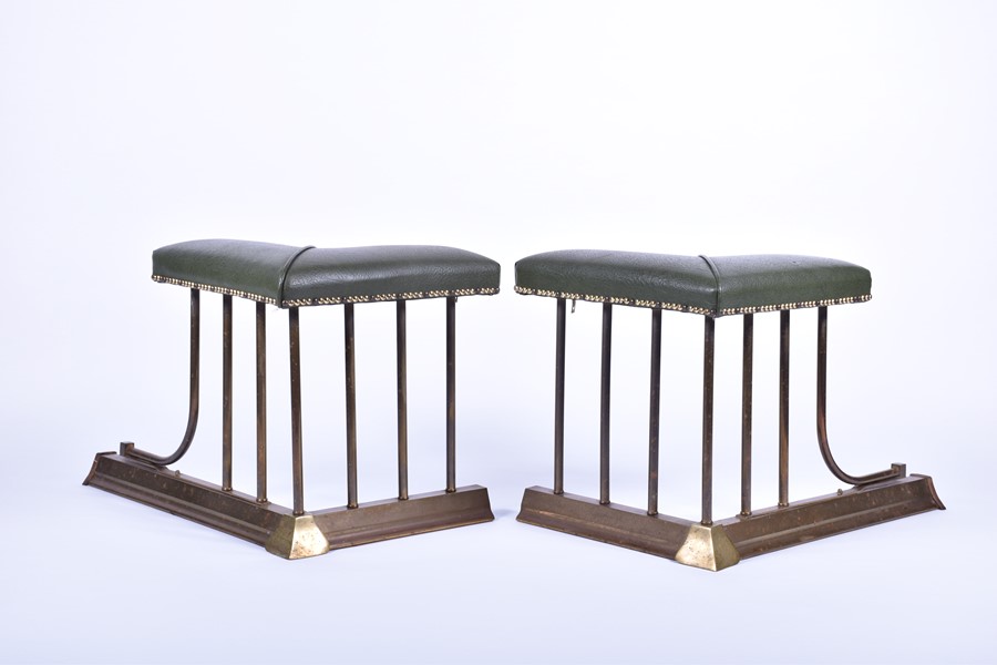 A pair of 20th century brass and leather club fenders the brass rails surmounted with over-stuffed - Image 2 of 6