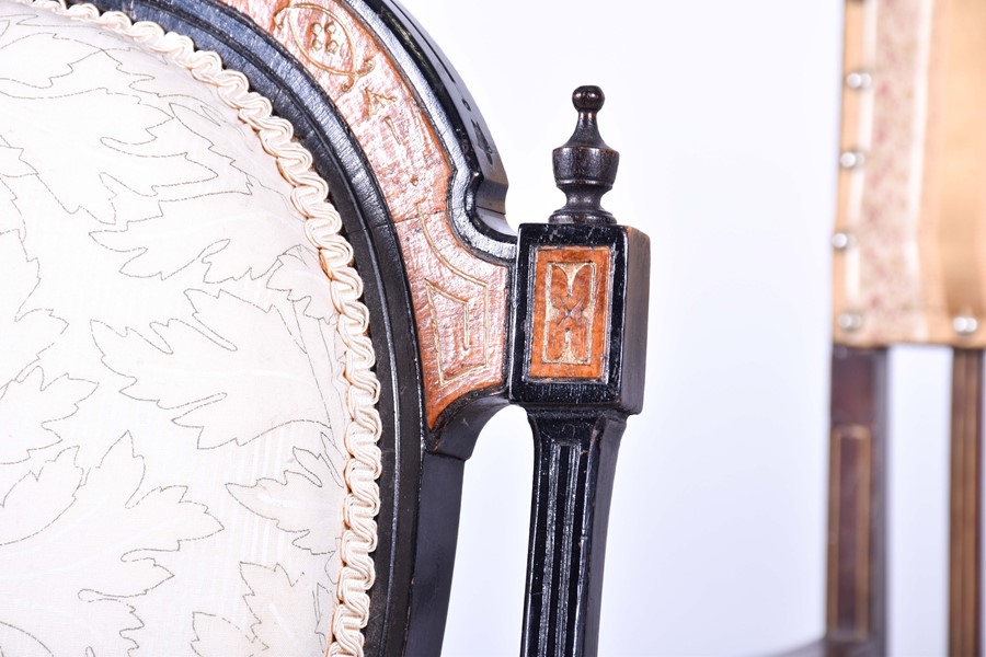 A set of four Victorian style ebonised chairs with gilt embellishment and inlaid burr wood, with - Image 2 of 13