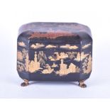 A Regency chinoiserie lacquered tea caddy of domed octagonal form, the lid decorated with red and