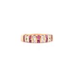 An 18ct yellow gold, diamond, and ruby ring bar-set with round-cut alternating rows of rubies and