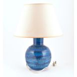 A Bitossi 'Rimini Blue' ceramic lamp circa 1960's, the blue glazed table lamp with incised