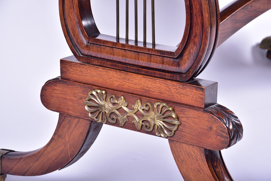 A Regency rosewood and brass mounted lyre end library table in the manner of Gillows, with four - Image 5 of 8