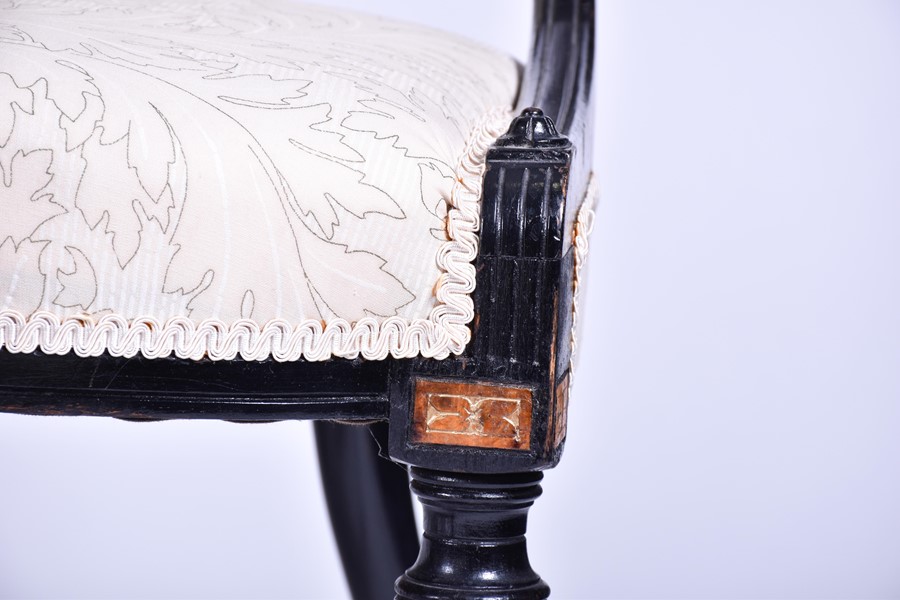 A set of four Victorian style ebonised chairs with gilt embellishment and inlaid burr wood, with - Image 4 of 13