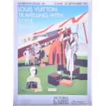 A large 1985 linen-backed advertising poster for the 'Louis Vuitton - Travelling with Style' V&A