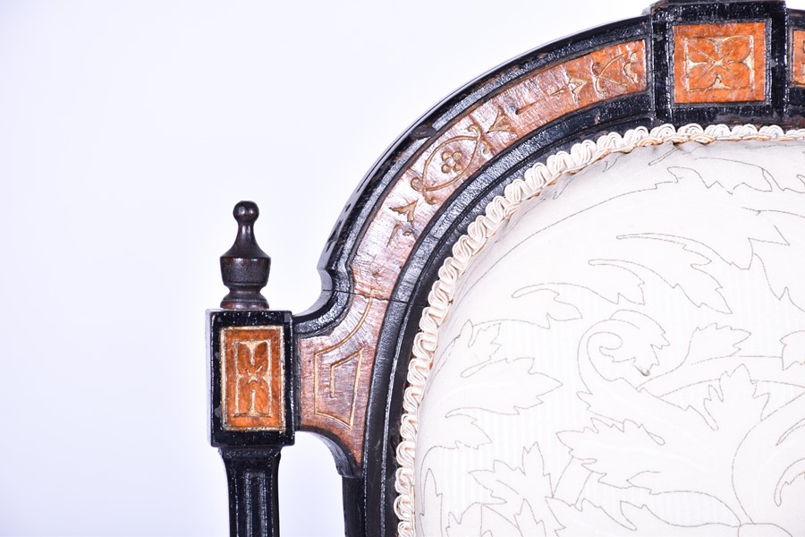 A set of four Victorian style ebonised chairs with gilt embellishment and inlaid burr wood, with - Image 5 of 13