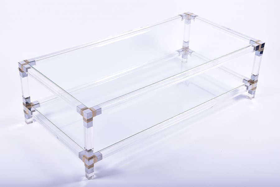 A 20th century modern glass coffee table of rectangular shape, the corners mounted with gilt and - Image 3 of 4