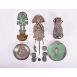 A group of South American ceremonial and decorative items to include a verdigris copper and brass