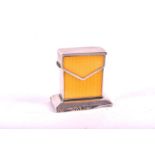 A yellow guilloche enamel silver stamp box London import hallmark for 1913, approx 3.3 cm high.
