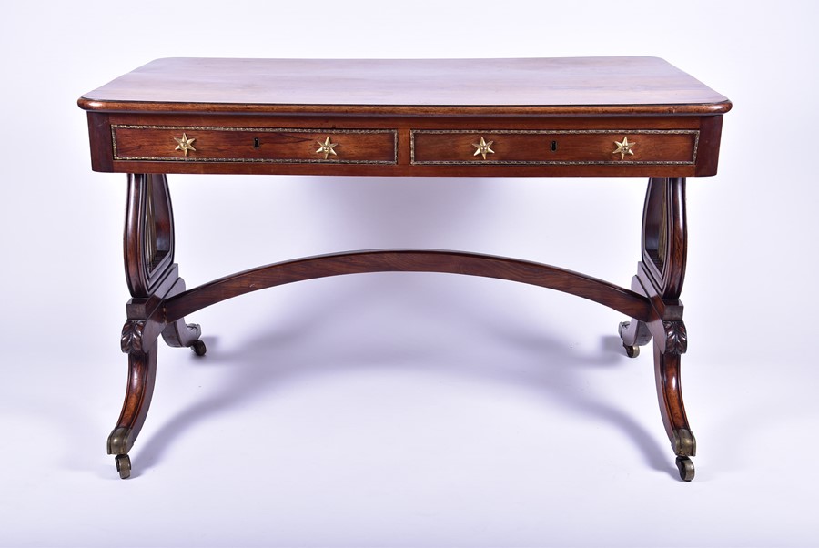 A Regency rosewood and brass mounted lyre end library table in the manner of Gillows, with four - Image 3 of 8
