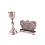 A 19th century Continental silver Hanukkah menorah with turquoise inset with eight candle holders,