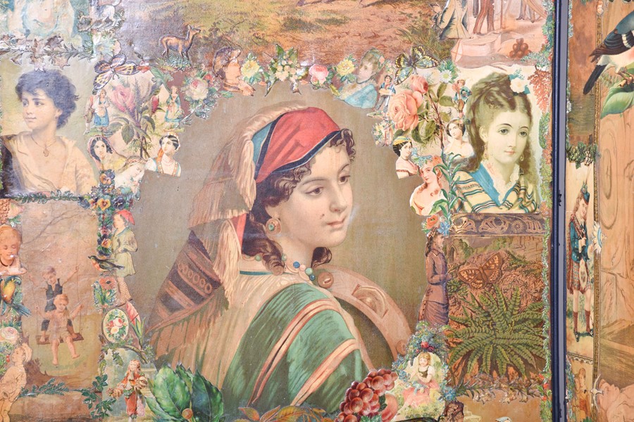 A late Victorian decoupage four-fold screen the extensive decoupage work on both sides, the panels - Image 2 of 9