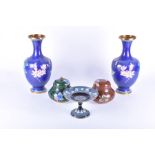 A pair of Chinese cloisonne enamel baluster vases designed with blue ground and floral branches