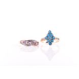 A 9ct yellow gold, diamond and purple spinel ring size Q, and a 9ct yellow gold and apatite ring,