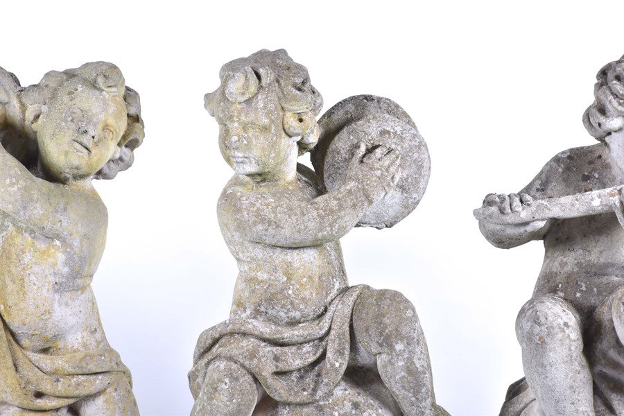 A set of four 20th century Italian musical cherub stoneware sculptures each seated on a sphere, - Image 5 of 17