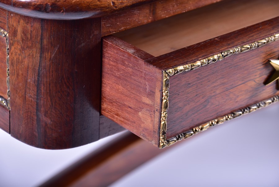 A Regency rosewood and brass mounted lyre end library table in the manner of Gillows, with four - Image 8 of 8