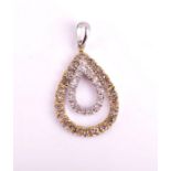 A white and yellow diamond pendant of double teardrop form, inset with round brilliant-cut yellow