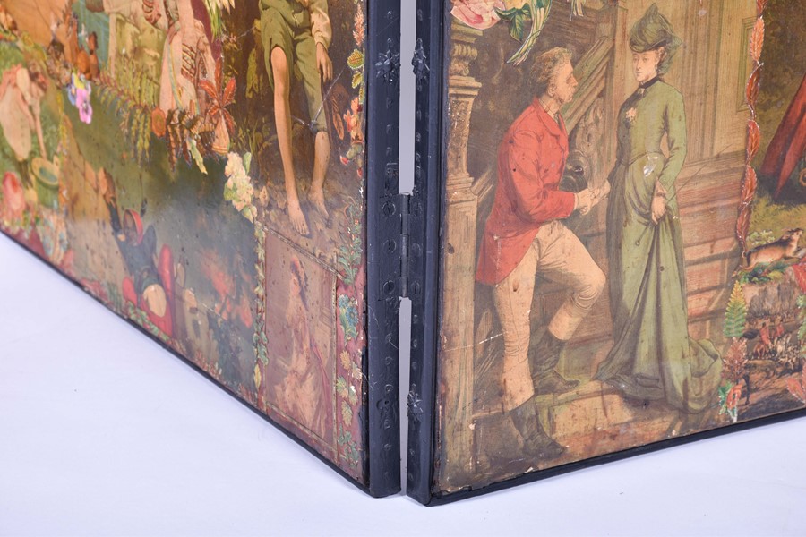 A late Victorian decoupage four-fold screen the extensive decoupage work on both sides, the panels - Image 5 of 9