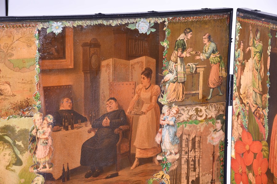 A late Victorian decoupage four-fold screen the extensive decoupage work on both sides, the panels - Image 4 of 9