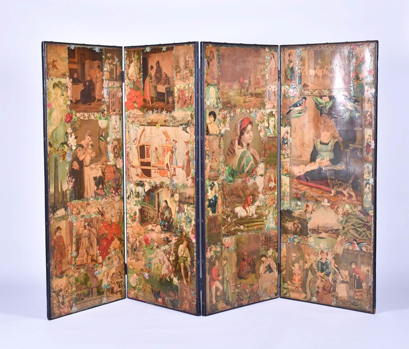 A late Victorian decoupage four-fold screen the extensive decoupage work on both sides, the panels