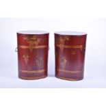 A pair of 20th century Chinese red lacquer chinoiserie barrels decorated all over with gilt