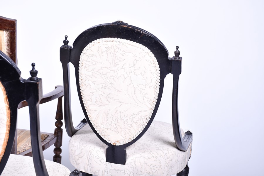 A set of four Victorian style ebonised chairs with gilt embellishment and inlaid burr wood, with - Image 9 of 13