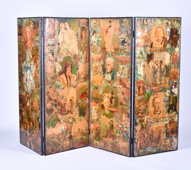 A late Victorian decoupage four-fold screen the extensive decoupage work on both sides, the panels - Image 7 of 9