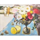 Mary Fedden OBE (1915-2012) British still life with a vase of flowers and lemons on a table, a