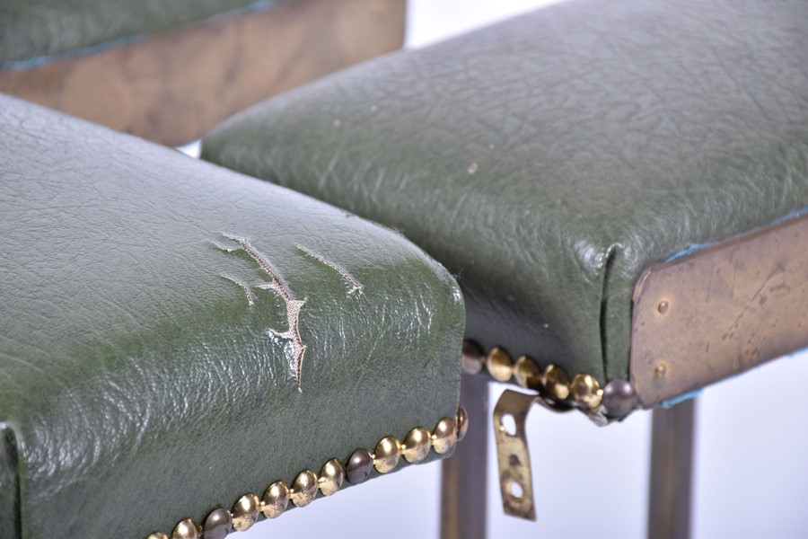 A pair of 20th century brass and leather club fenders the brass rails surmounted with over-stuffed - Image 5 of 6