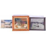 Continental School, 20th century depicting a city river scene with a bridge, signed and dated