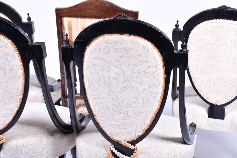 A set of four Victorian style ebonised chairs with gilt embellishment and inlaid burr wood, with - Image 10 of 13