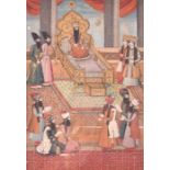 A 19th century or later Persian miniature painting depicting a Shah, possibly Nader Shah, sat on a