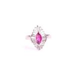 A 14k white gold, diamond, and ruby ring set with a marquise-cut ruby of approximately 0.65