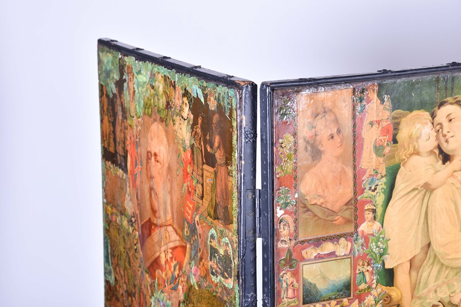 A late Victorian decoupage four-fold screen the extensive decoupage work on both sides, the panels - Image 8 of 9