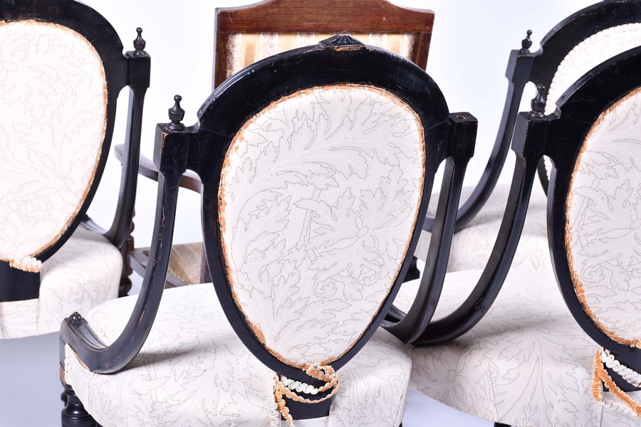 A set of four Victorian style ebonised chairs with gilt embellishment and inlaid burr wood, with - Image 12 of 13