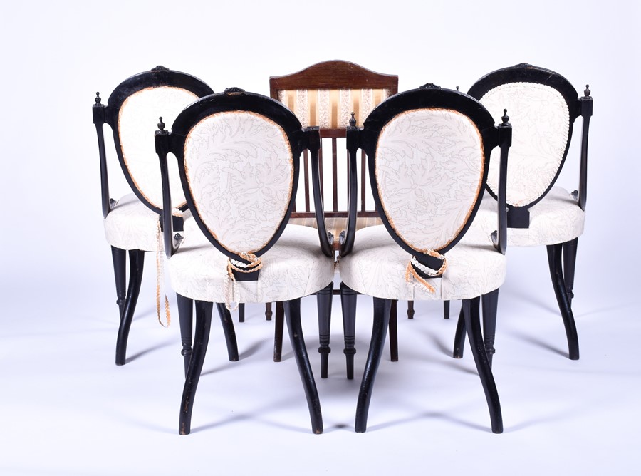 A set of four Victorian style ebonised chairs with gilt embellishment and inlaid burr wood, with - Image 8 of 13