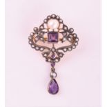 A contemporary silver gilt, diamond, pearl, and amethyst brooch in the Victorian style, set with a