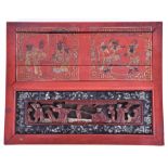 A 19th century Chinese hardwood panel the top decorated with painted and gilded scenes of dancing
