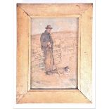 Cornish School, possibly Newlyn a study of a shepherd resting against a fence, his dog at his