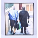 Christine Watson 'Market Conversation' 1994, British oil on canvas, unglazed, in boxed frame, 98