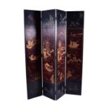 A 20th century tall Chinese four-fold screen the panels with lacquer decoration depicting figures in