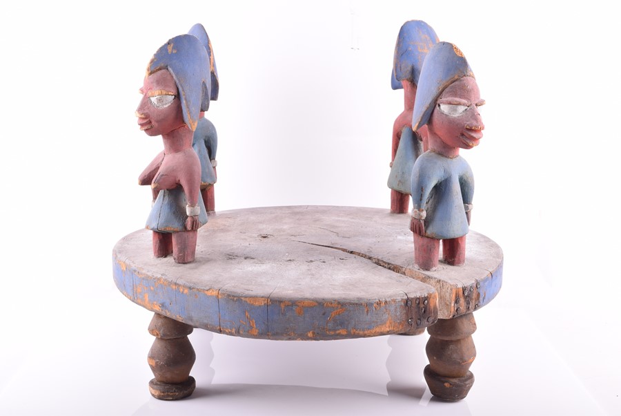 An early to mid 20th century Yoruba ceremonial stool  figural carved wood and pigment, some slight - Image 2 of 7