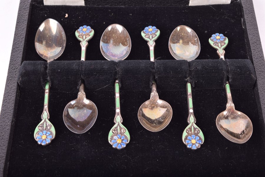 A set of six Art Deco enamelled teaspoons in the Art Nouveau style Birmingham 1929, Turner and - Image 5 of 5