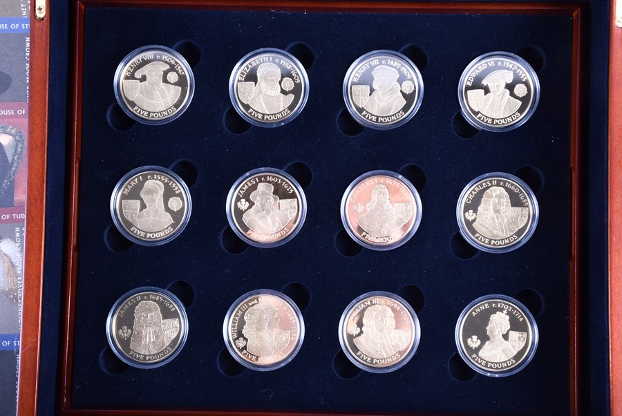 A Royal Mint 'History of the Monarchy' silver proof coin collection in fitted wooden case with - Image 3 of 8